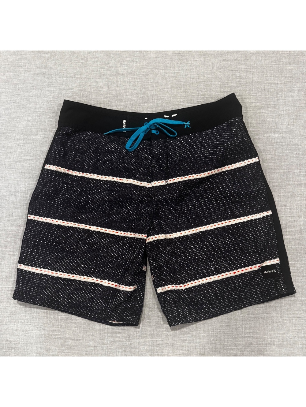 Hurley Men’s Black Board Shorts Swim Trunks White Stripe Drawstring